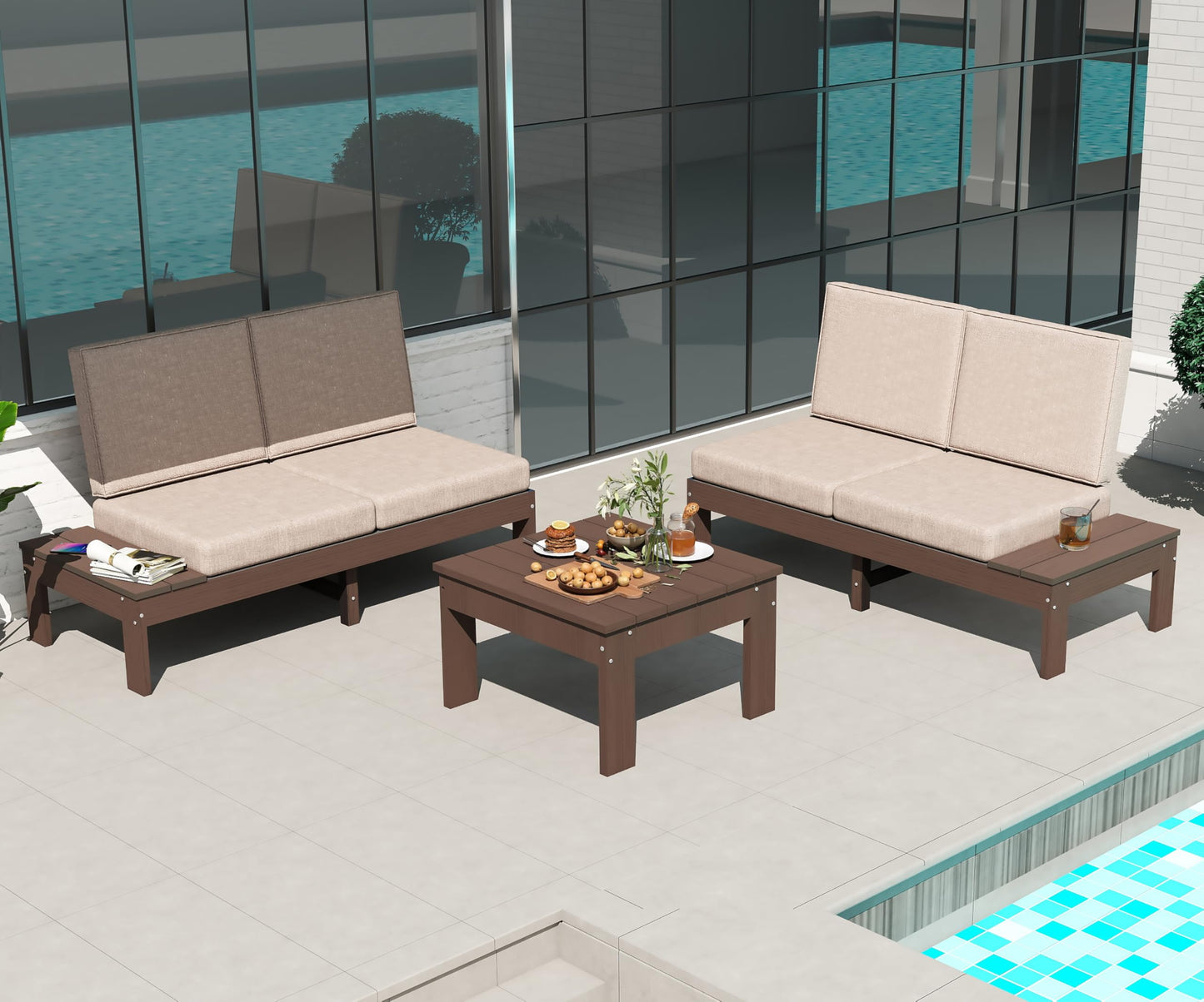 HDPE Outdoor Patio Sofa Set, 3-Piece with brown frames and beige cushions on a glass patio on Tampa Home & Garden Store