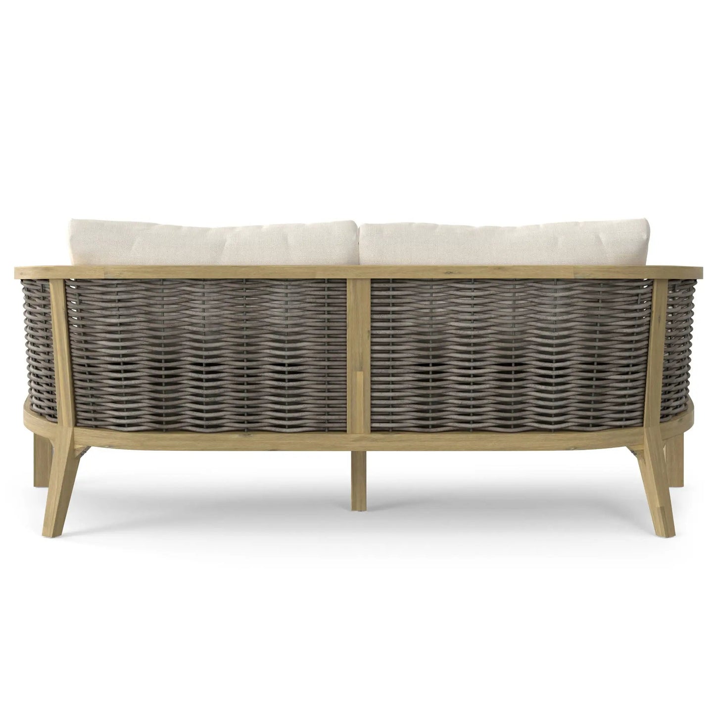 Parkside Outdoor Sofa with natural wood frame and dark wicker, beige cushions on Tampa Home & Garden Store