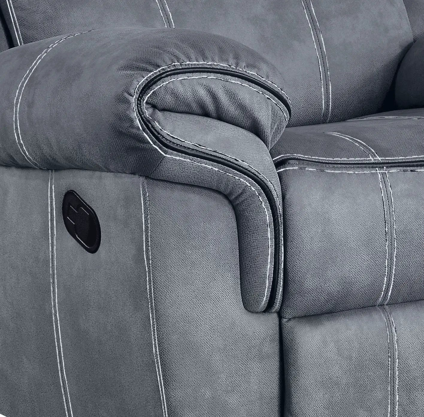 Zubaida Two Tone Glider Recliner dark gray upholstery with white contrast stitching on Tampa Home & Garden Store