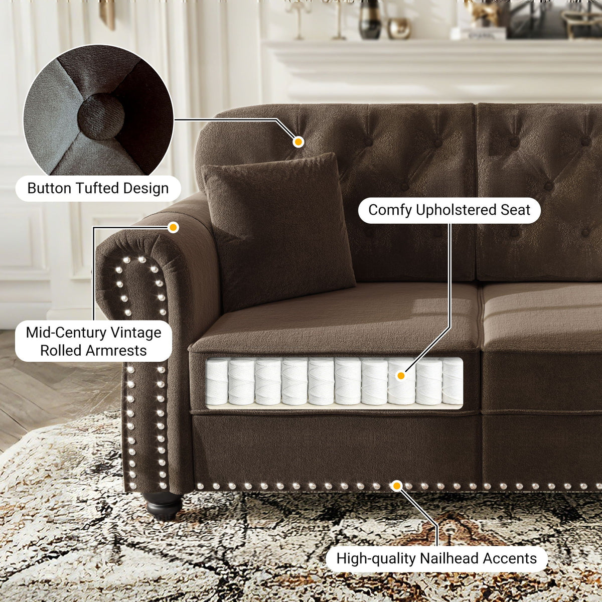 Sofa with nailhead trim and rolled armrests