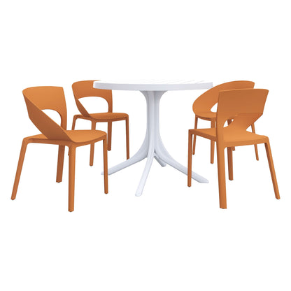 Modern 5-piece outdoor dining set with orange chairs and white round table on Tampa Home & Garden Store
