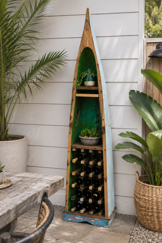 Authentic Reclaimed Boat Wood Canoe Shelf Bali; teal interior, plant shelves, wine rack on Tampa Home & Garden Store