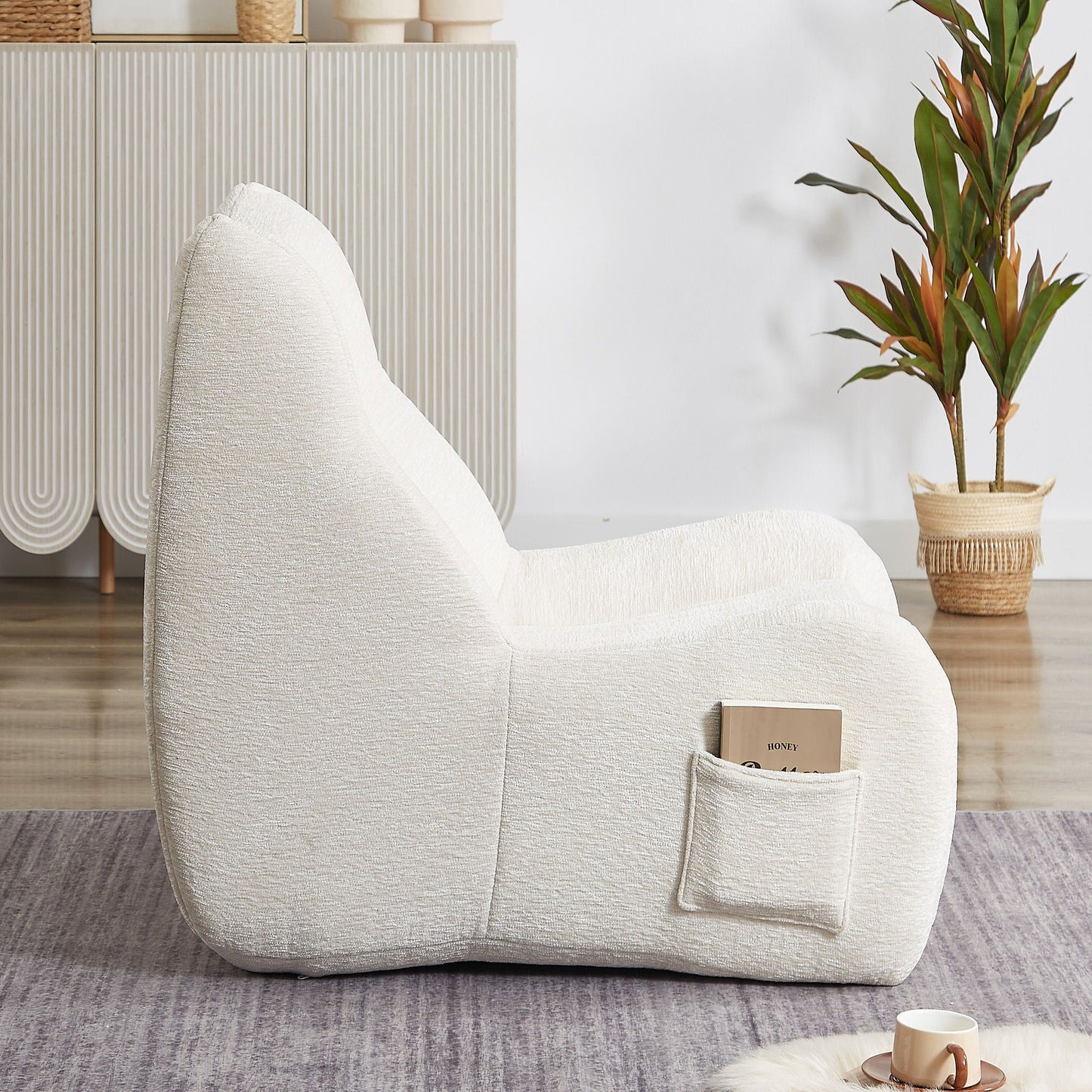 HouseOfZazla white chenille memory foam bean bag chair for adults, cozy living room lounge on Tampa Home & Garden Store