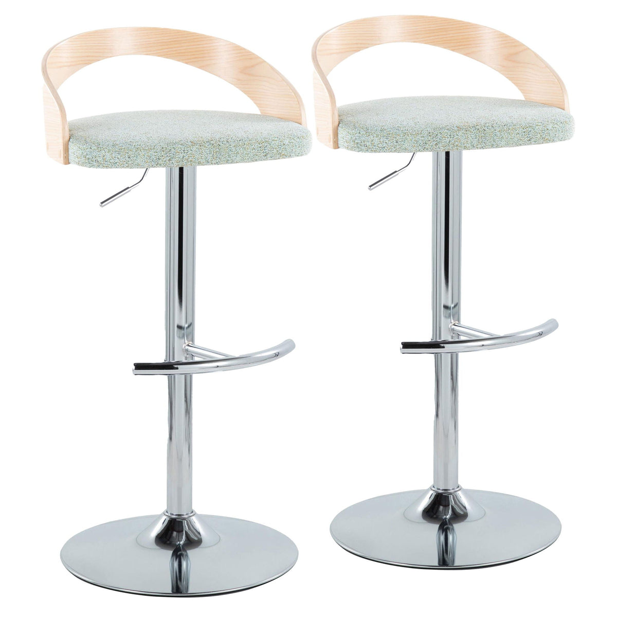 Pair of contemporary adjustable barstools with swivel, light wood arms and gray seats on Tampa Home & Garden Store