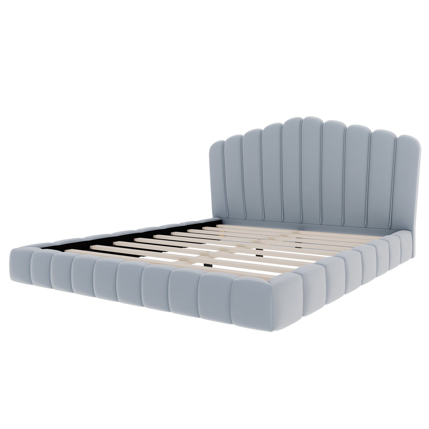 Velvet Upholstered Queen Bed with Shell Headboard