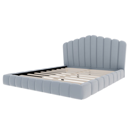 Velvet Upholstered Queen Bed with Shell Headboard