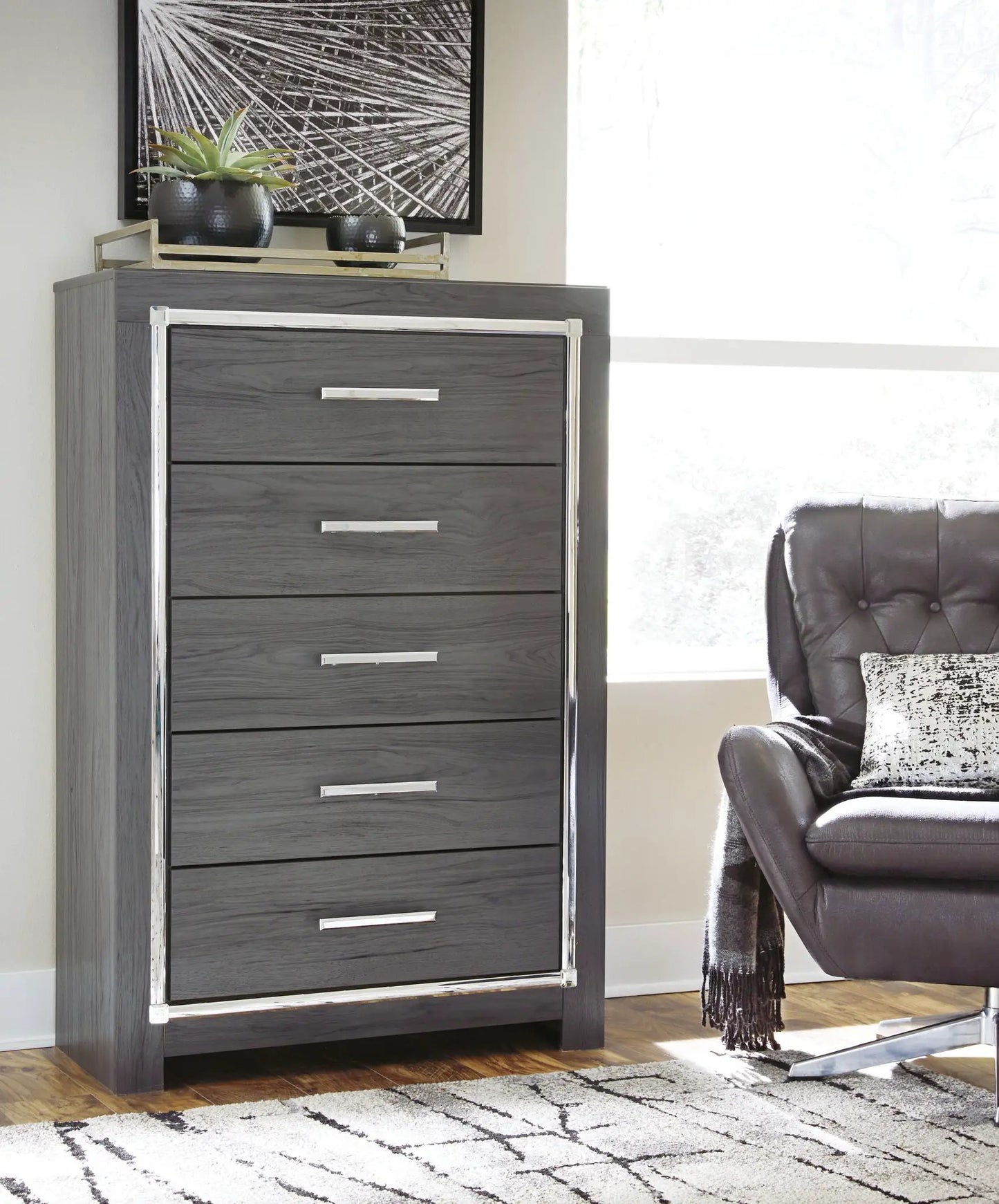 Lodanna 7 Piece Bedroom Set by Unique Piece Furniture dark gray wood with chrome hardware on Tampa Home & Garden Store