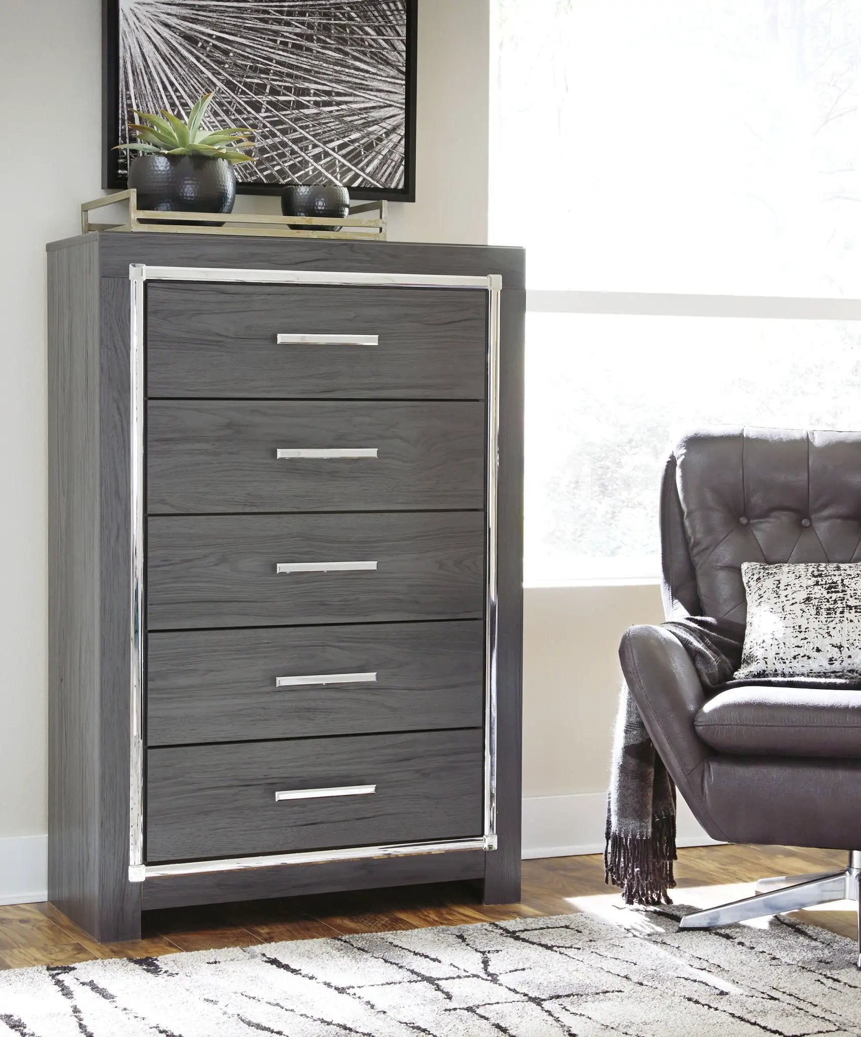 Lodanna 7 Piece Bedroom Set by Unique Piece Furniture dark gray wood with chrome hardware on Tampa Home & Garden Store