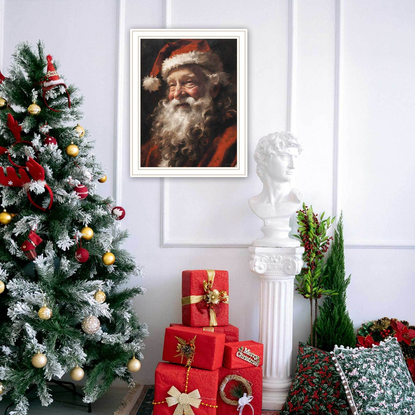 Trendy Decor 4U Papa Noel white framed wall art with Santa portrait in festive living room on Tampa Home & Garden Store