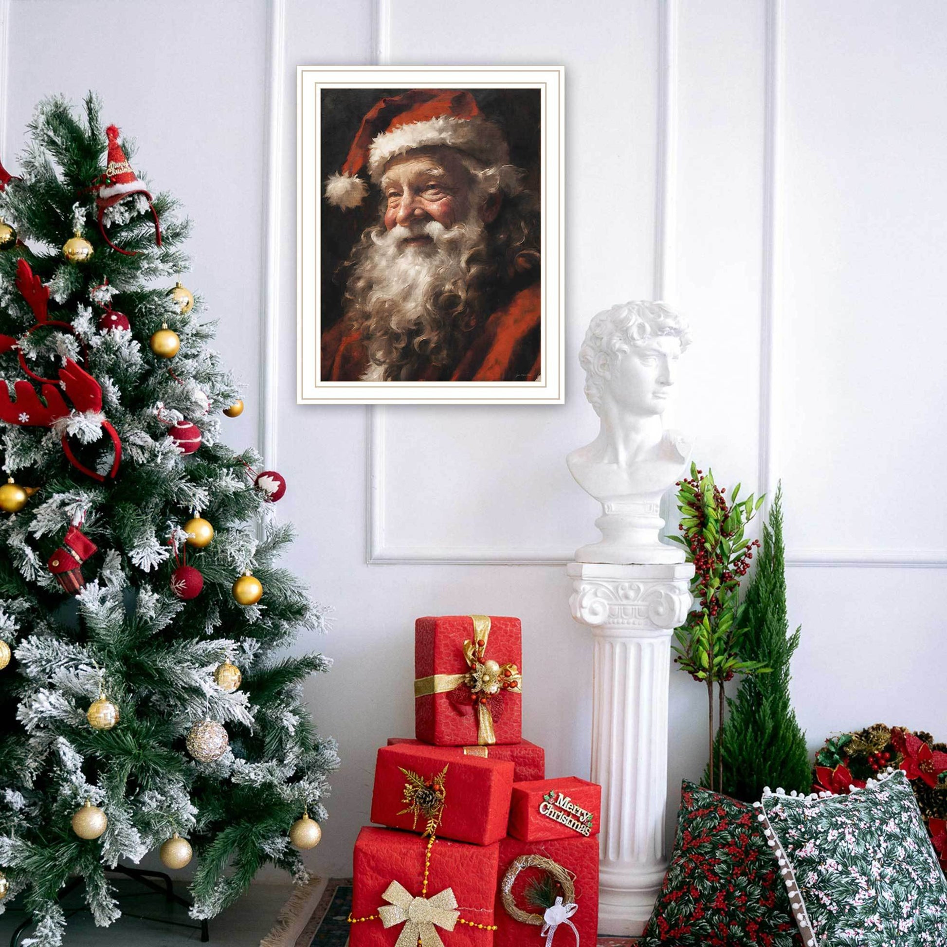 Trendy Decor 4U Papa Noel white framed wall art with Santa portrait in festive living room on Tampa Home & Garden Store