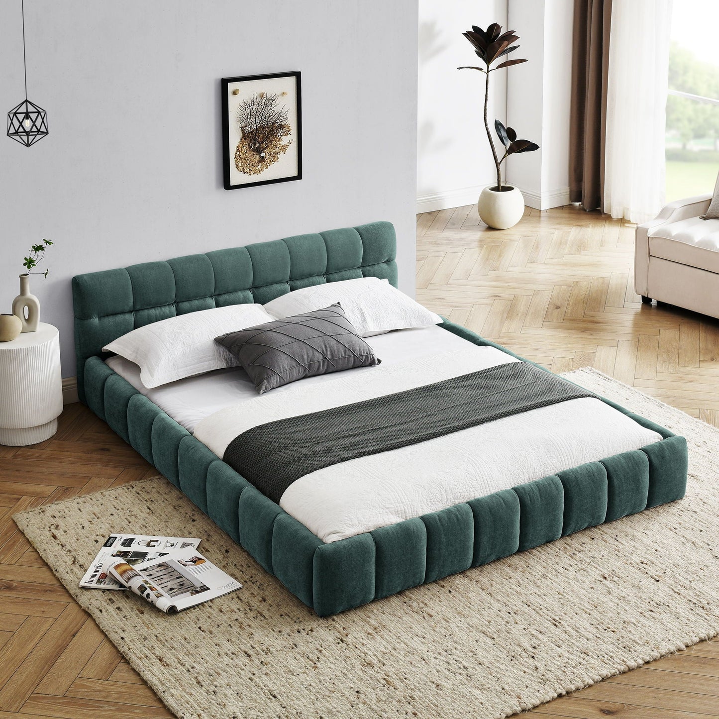 Modern Platform Bed and Thick Fabric Headboard