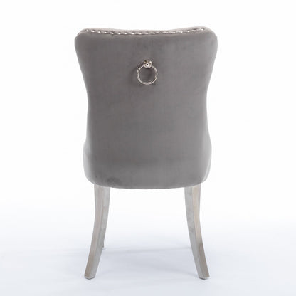 Nikki Collection velvet dining chair gray upholstery with ring pull back and wood legs on Tampa Home & Garden Store