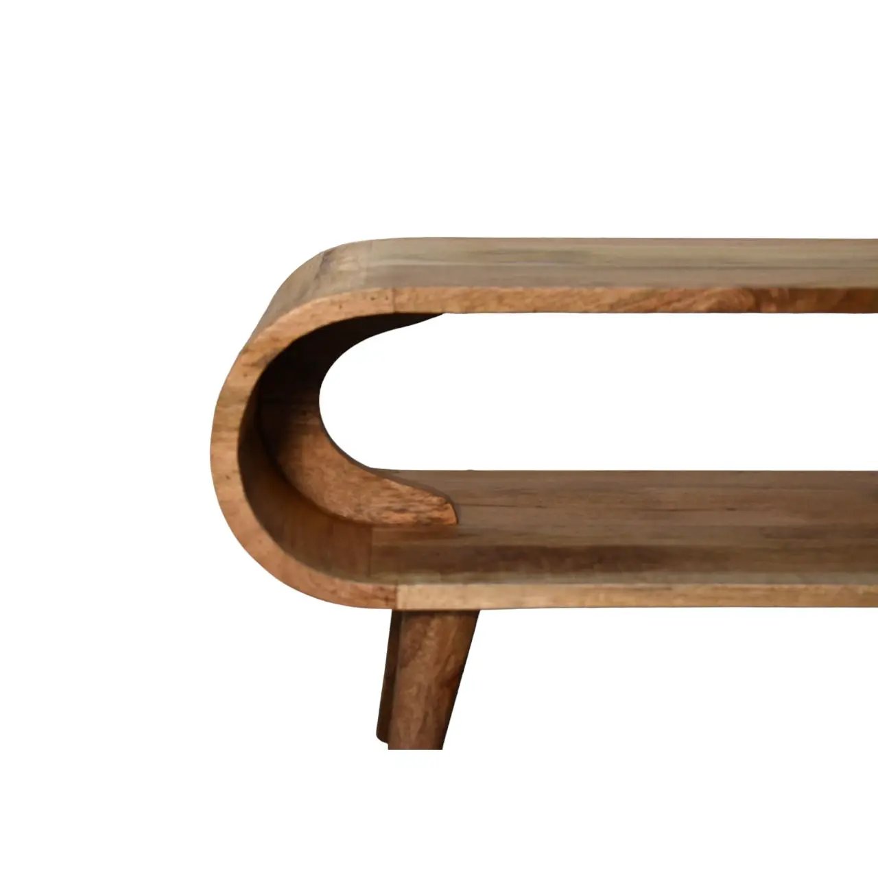 Amaya Nordic Style Wooden Coffee Table with curved loop end panels in warm brown wood on Tampa Home & Garden Store