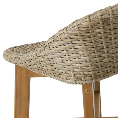 Beeson Outdoor Wicker and Acacia Barstool Set