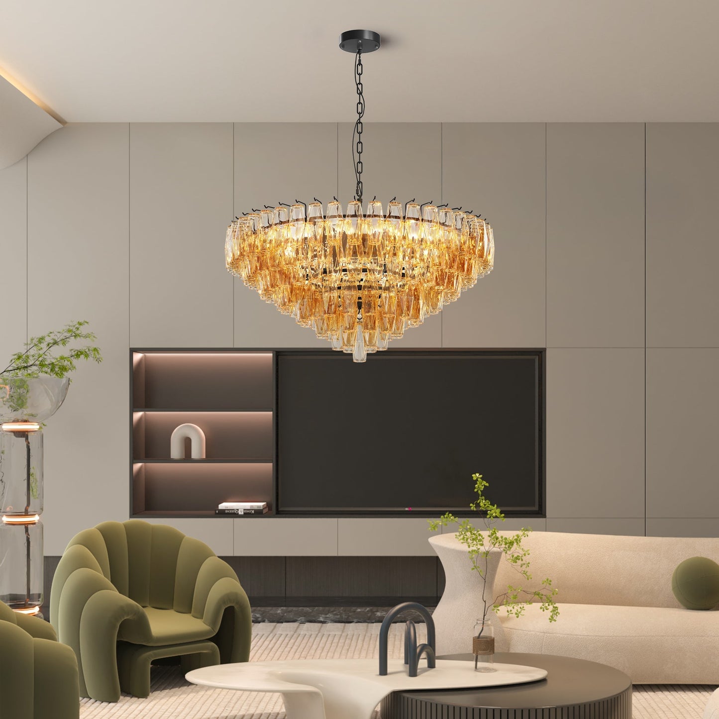 Modern Round 14-Light Black Chandelier with Smoke Glass Tubes by HouseOfZazla, chain-hung on Tampa Home & Garden Store