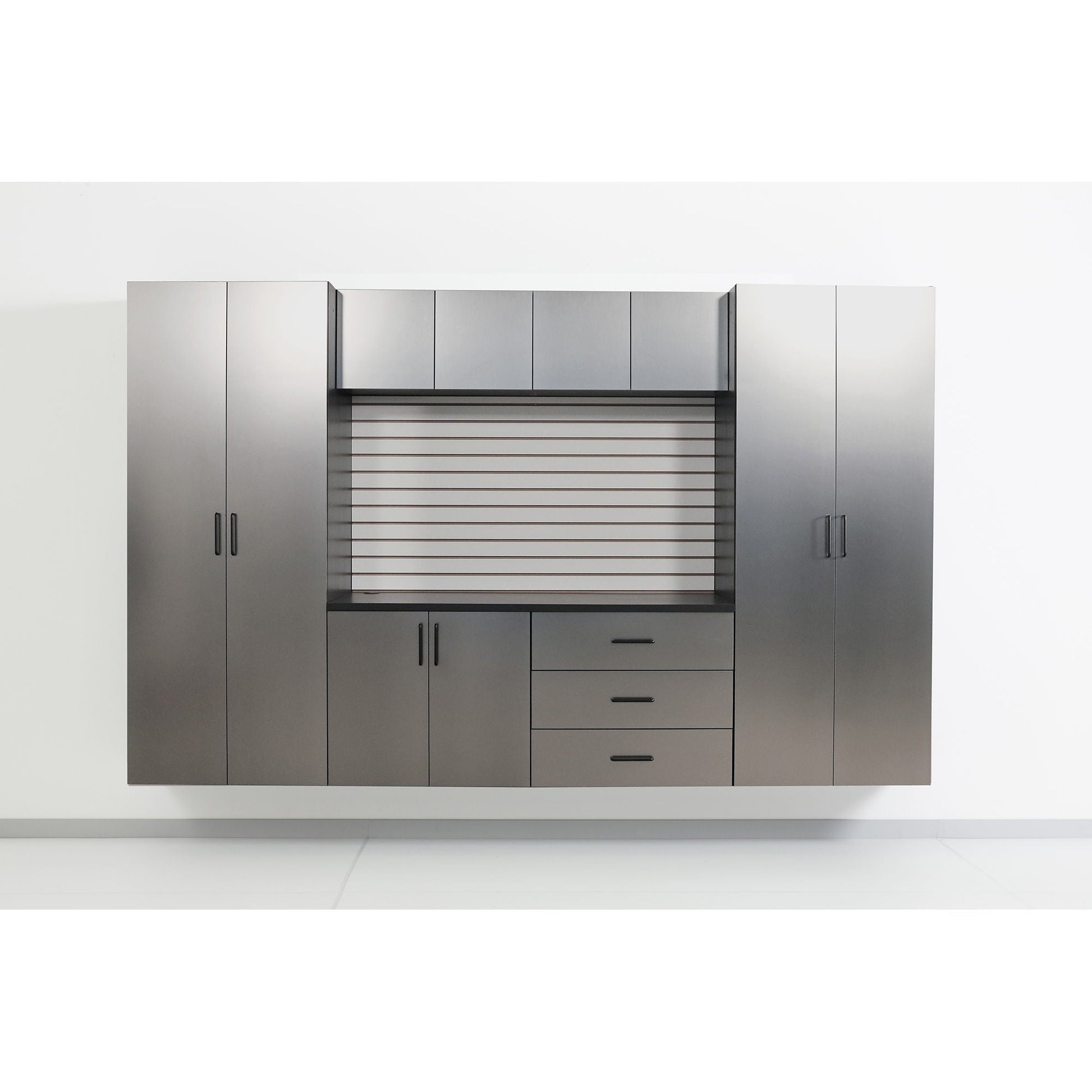Astro Series wall-mounted storage cabinet in metallic gray with soft-closing drawers on Tampa Home & Garden Store