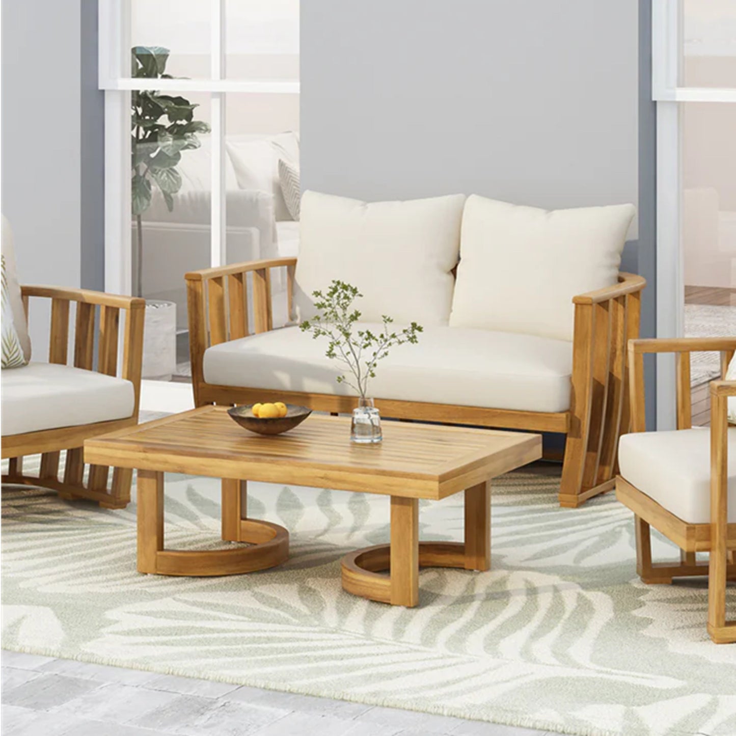 Outdoor Acacia Wood Loveseat and Coffee Table Set with Cushions cream cushions natural wood on Tampa Home & Garden Store