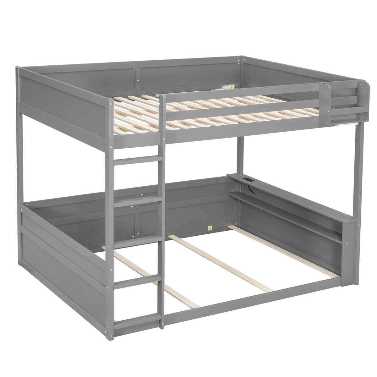 Bunk bed with built-in shelves, storage box, LED light and USB charging in gray metal frame on Tampa Home & Garden Store