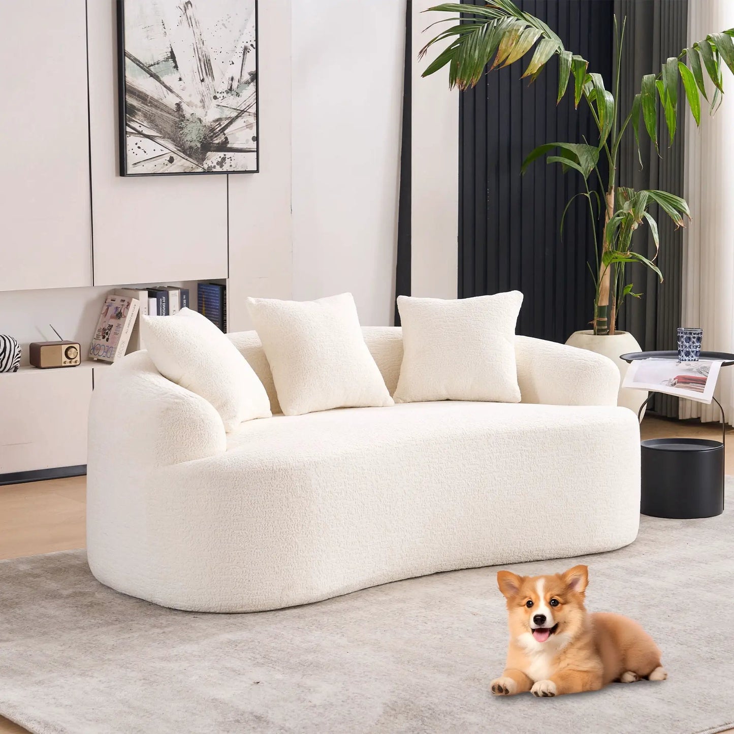Loveseat sofa compact design in white textured fabric with plush cushions in a living room on Tampa Home & Garden Store