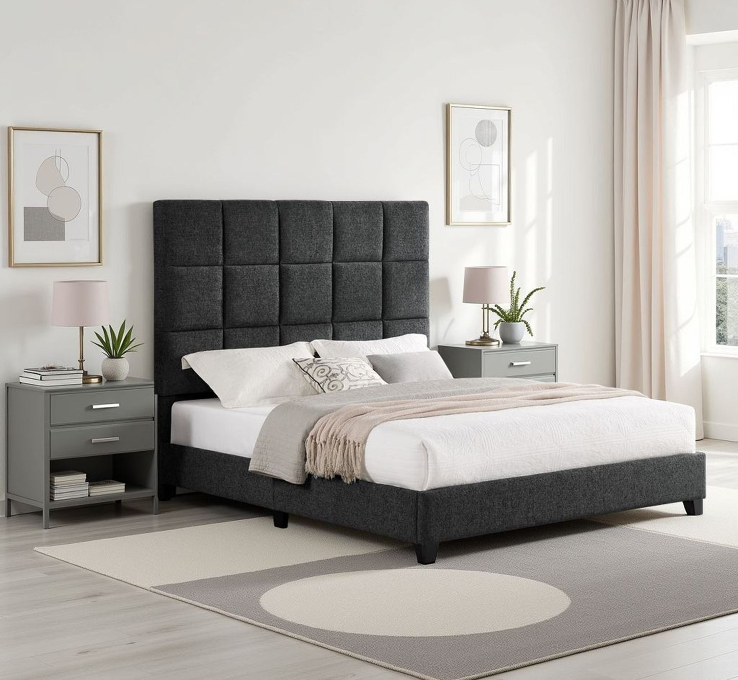 Square Upholstered Headboard and Platform Bed