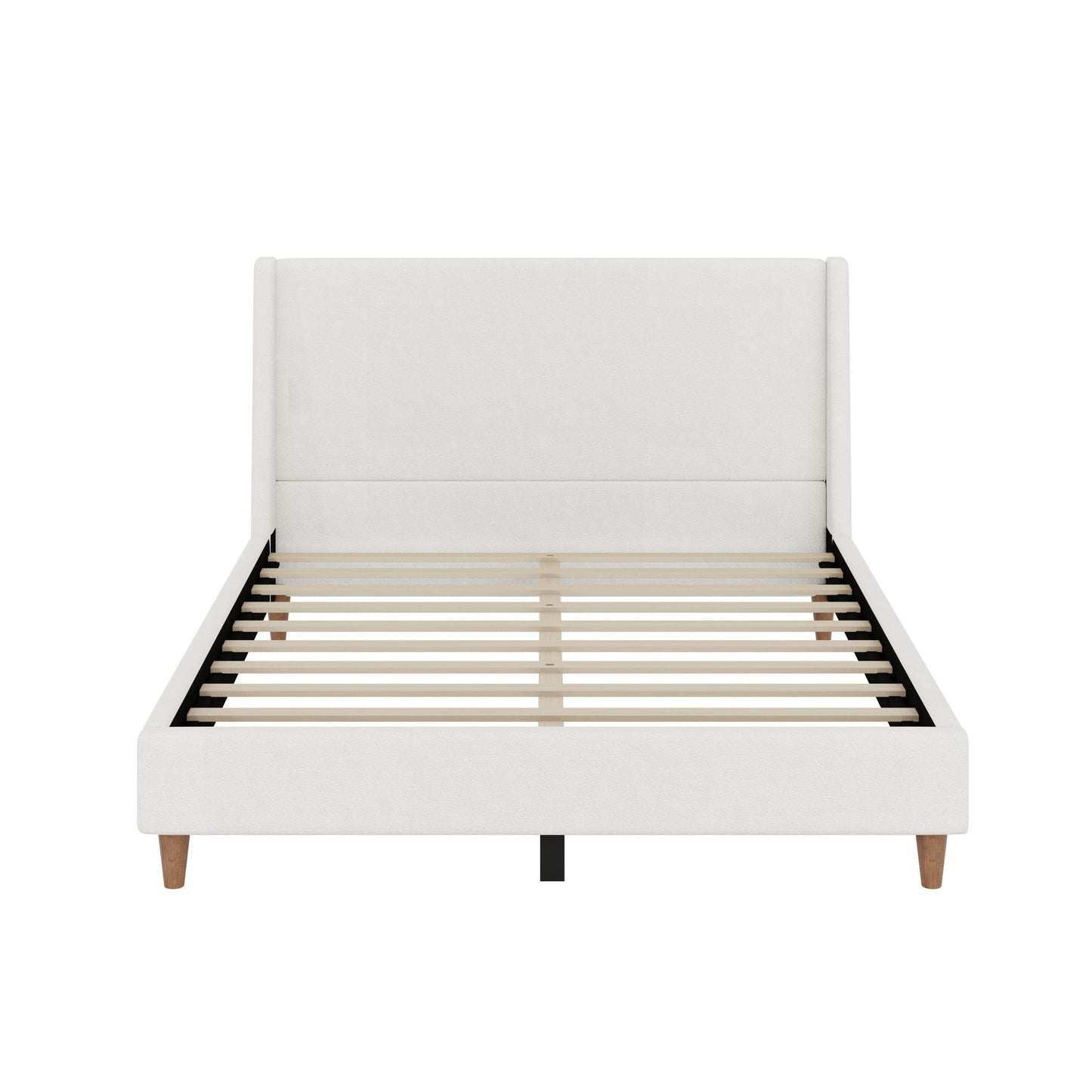 Upholstered modern platform bed with wingback headboard in white fabric by HouseOfZazla on Tampa Home & Garden Store