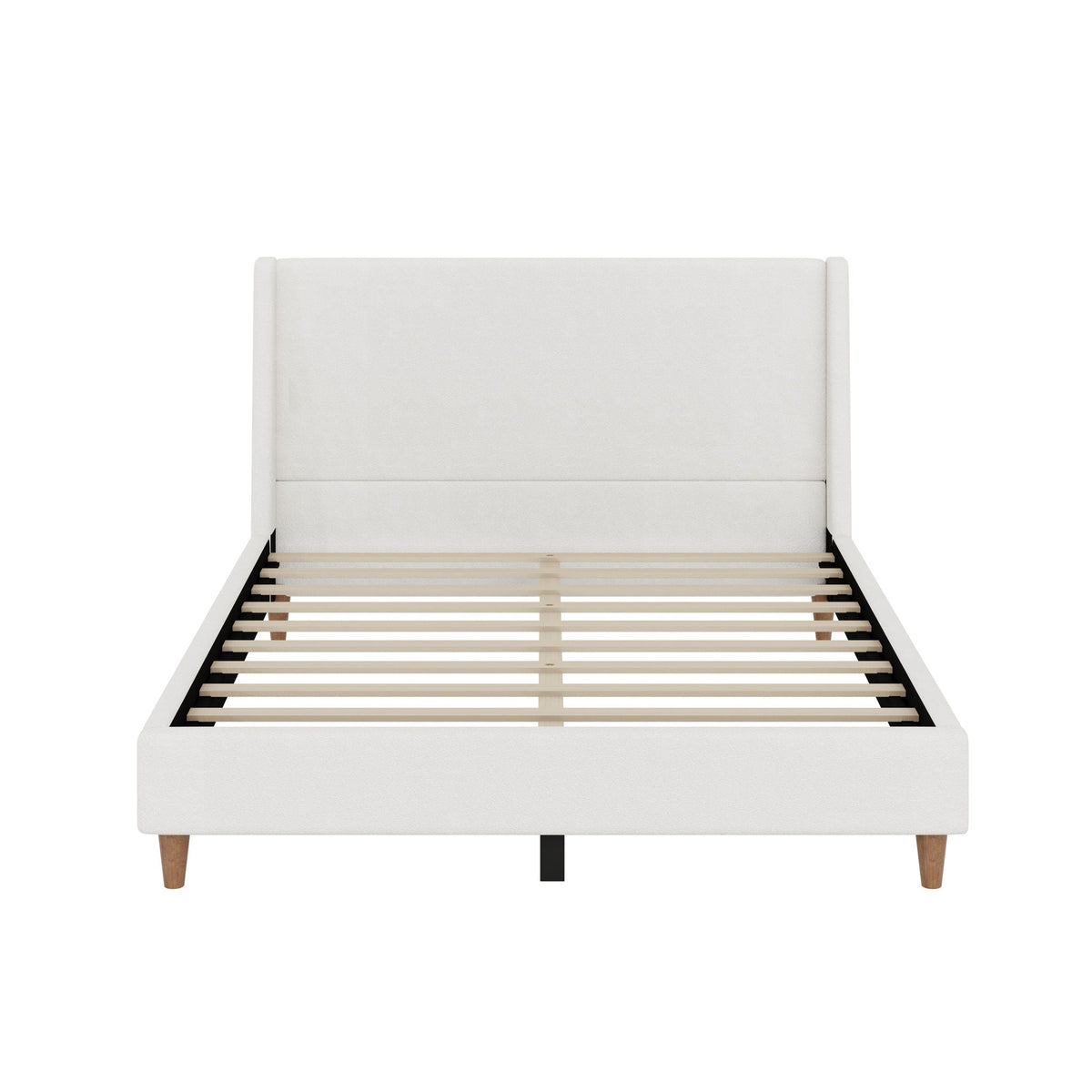 Upholstered modern platform bed with wingback headboard in white fabric by HouseOfZazla on Tampa Home & Garden Store
