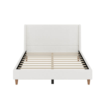 Upholstered modern platform bed with wingback headboard in white fabric by HouseOfZazla on Tampa Home & Garden Store