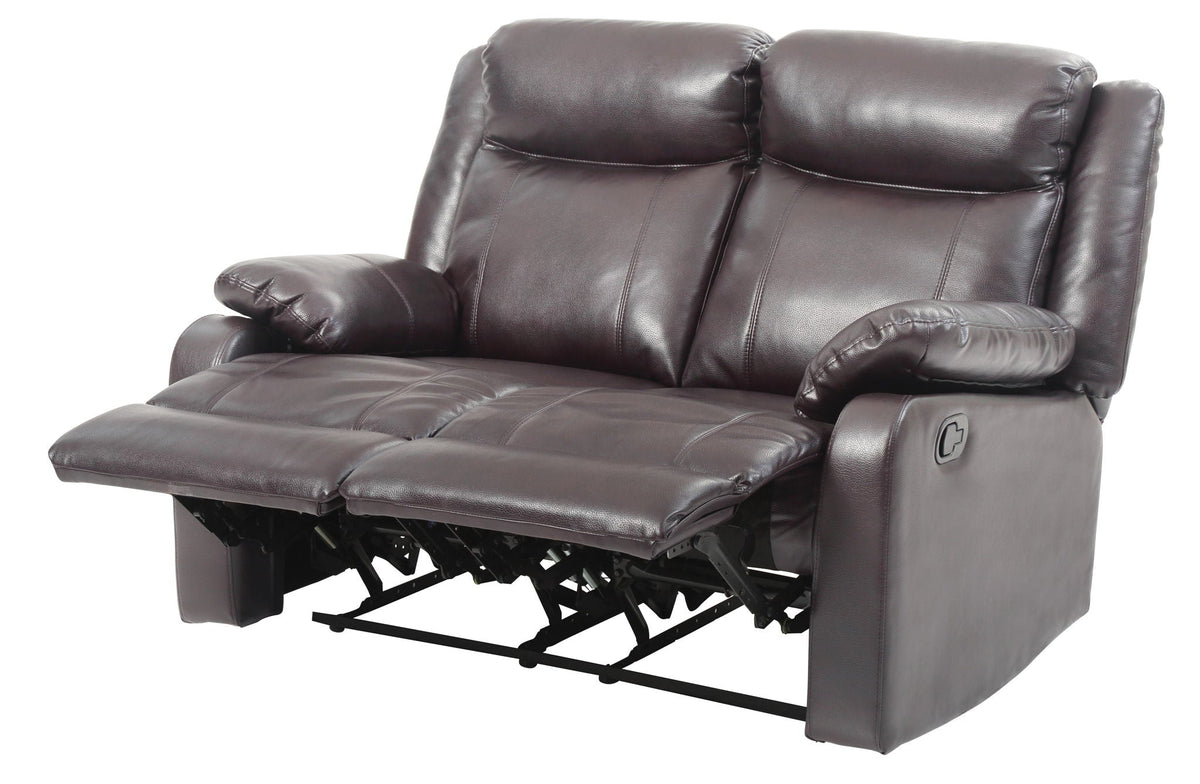 Reclining loveseat in dark brown PU upholstery with padded headrests and extended footrest on Tampa Home & Garden Store