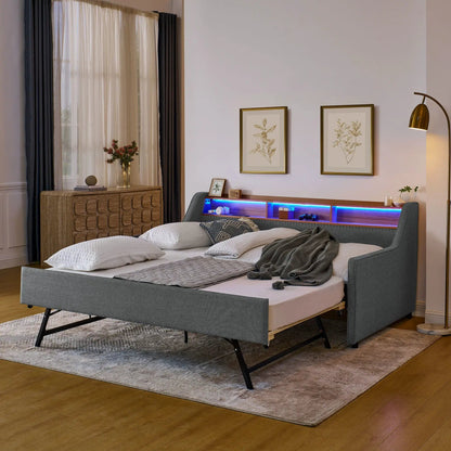 Upholstered sofa bed with LED lights, storage headboard, foldable trundle on Tampa Home & Garden Store
