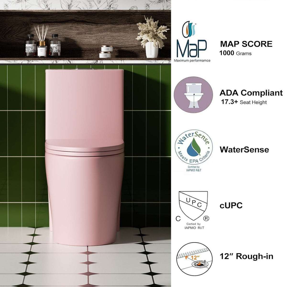 Pink 1-piece toilet with tornado and dual flush, ADA-height, green tile backdrop on Tampa Home & Garden Store