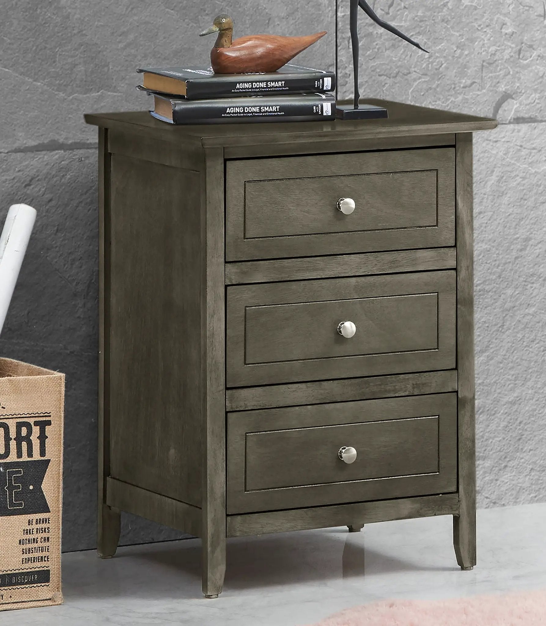 Dove Tailed Drawers 3-Drawer Nightstand in gray weathered wood finish by Unique Piece Furniture on Tampa Home & Garden Store