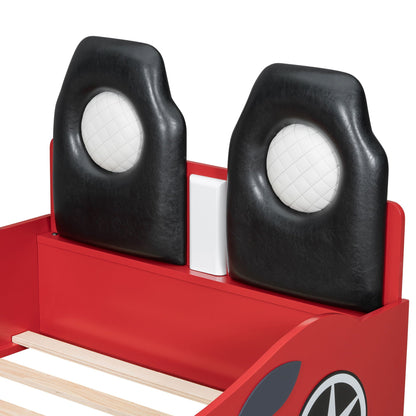 Race car shaped bed with two black upholstered backs and white quilted inserts on red base on Tampa Home & Garden Store