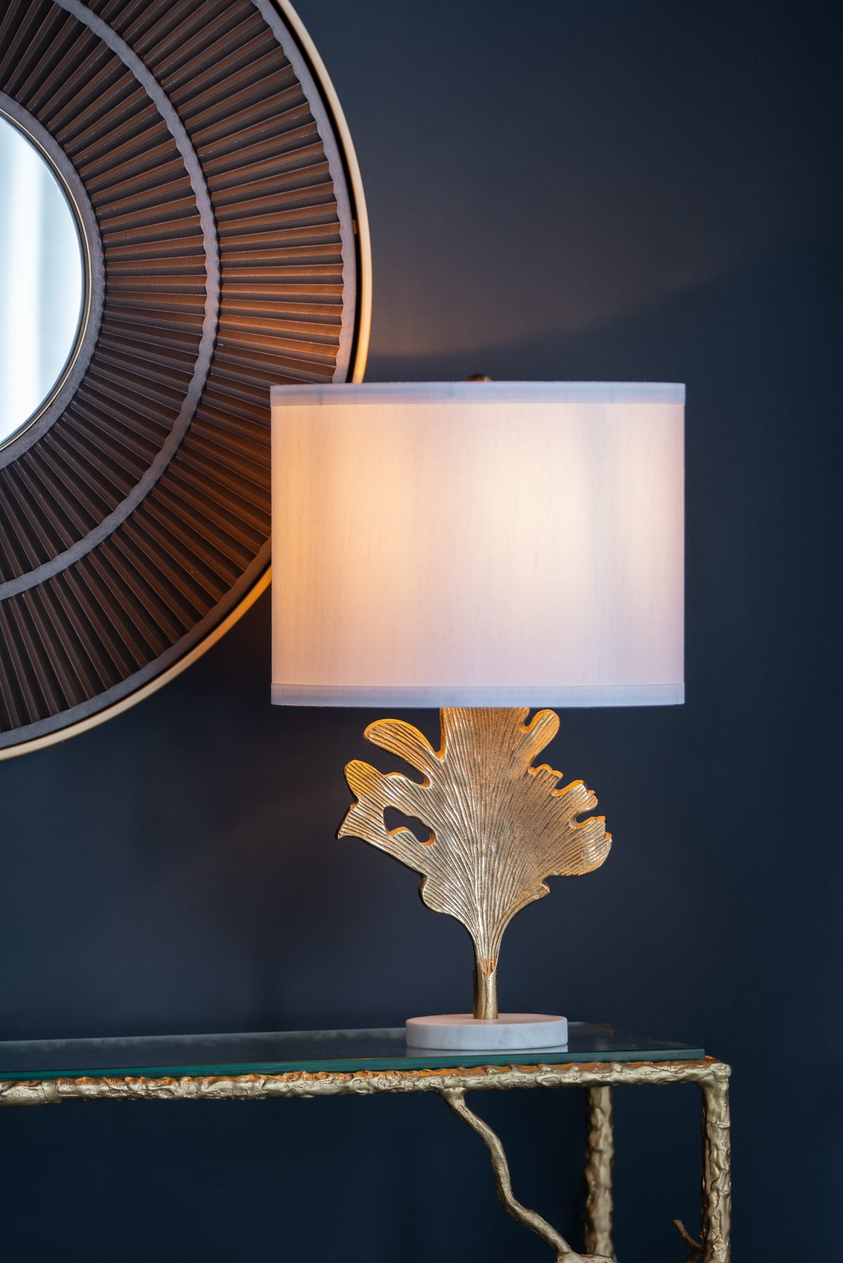Table lamp D13x22.2 by HouseOfZazla; white shade, gold leaf stem, marble base on Tampa Home & Garden Store