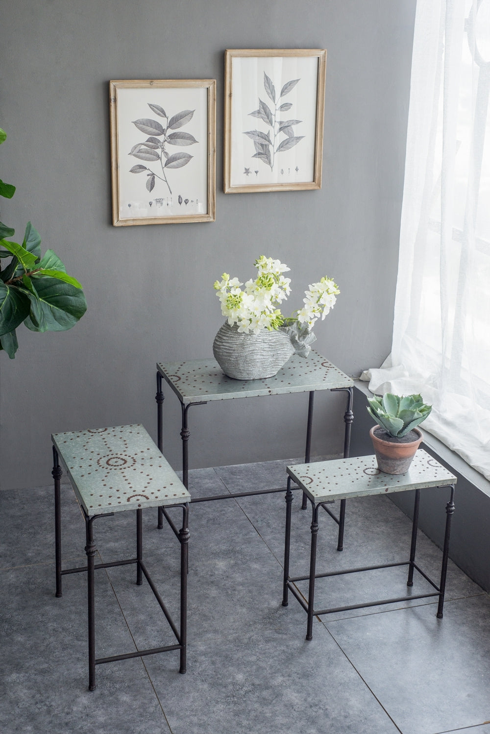 Set of 3 Gilbert Nesting Tables Plant Stands in metal with perforated light gray tops HouseOfZazla on Tampa Home & Garden Store