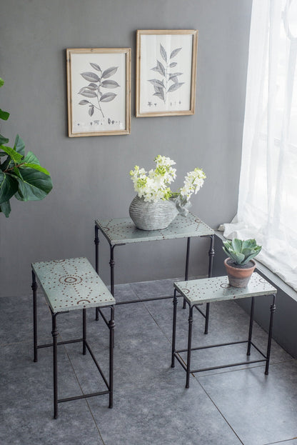 Set of 3 Gilbert Nesting Tables Plant Stands in metal with perforated light gray tops HouseOfZazla on Tampa Home & Garden Store