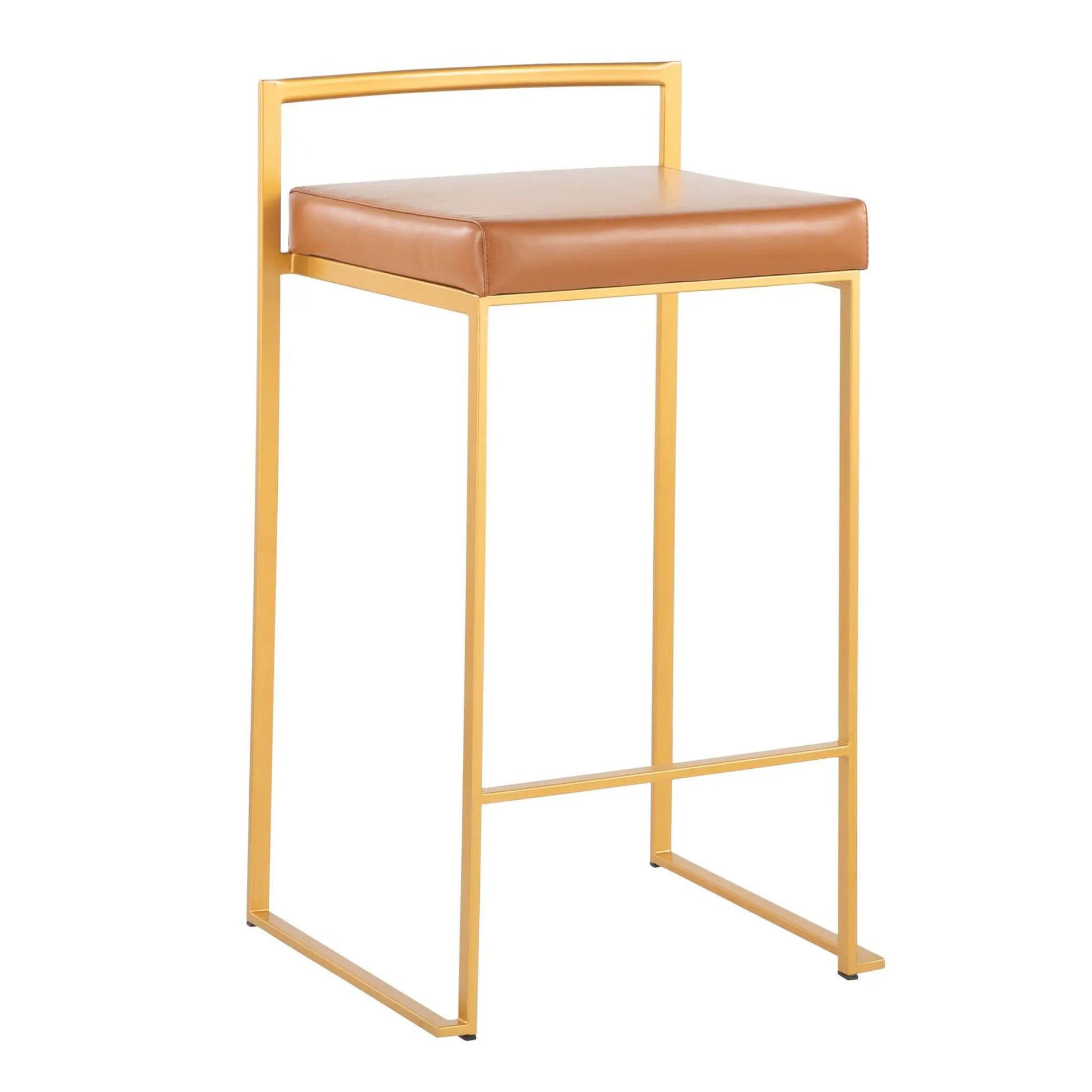 Fuji contemporary glam counter stool with gold frame and brown leather seat on Tampa Home & Garden Store