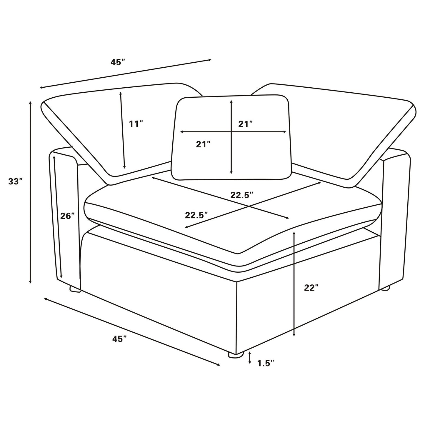 Segoura modular sectional with ottoman, 2 piece set by HouseOfZazla, schematic with 45 inch width on Tampa Home & Garden Store