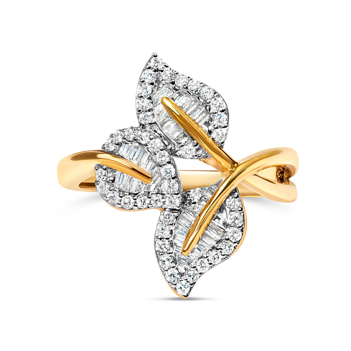Ring two-tone 18K gold plated sterling silver with baguette diamonds in bypass design, size 7 on Tampa Home & Garden Store