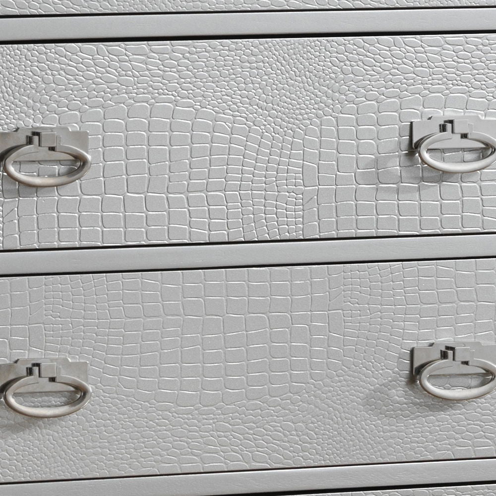 Sleek contemporary accent chest pearlescent finish, 4 drawers with silver ring pulls on Tampa Home & Garden Store