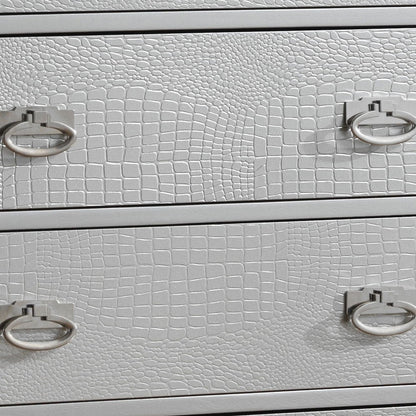 Sleek contemporary accent chest pearlescent finish, 4 drawers with silver ring pulls on Tampa Home & Garden Store