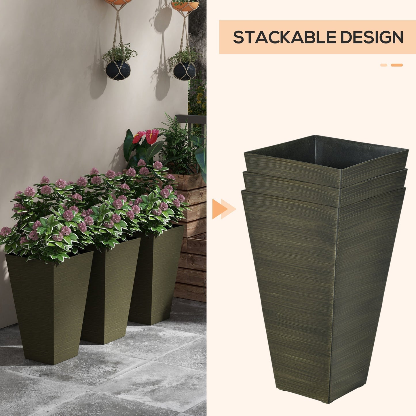 Outsunny 28in tall outdoor planters set of 3 in dark bronze, stackable square design on Tampa Home & Garden Store