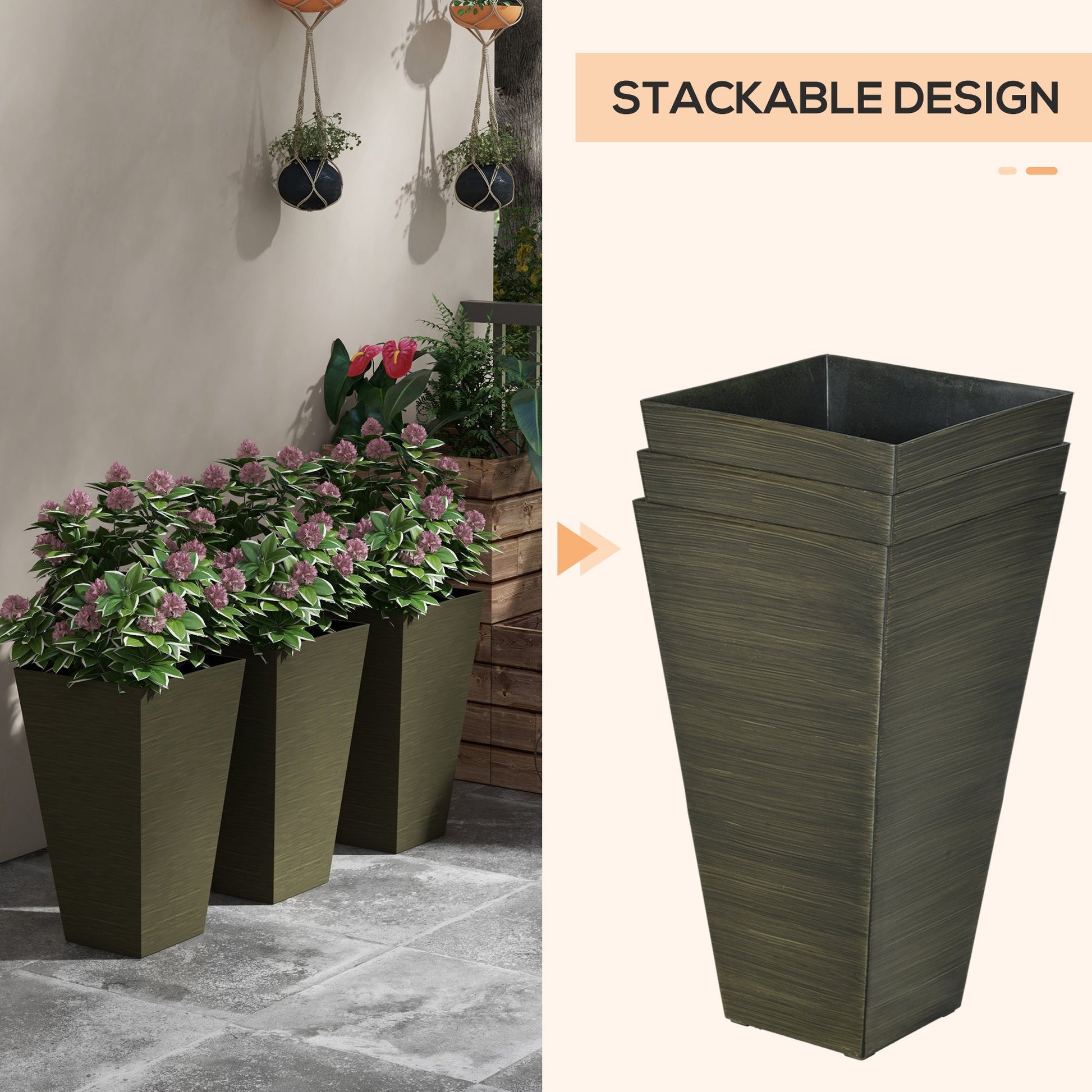 Outsunny 28in tall outdoor planters set of 3 in dark bronze, stackable square design on Tampa Home & Garden Store