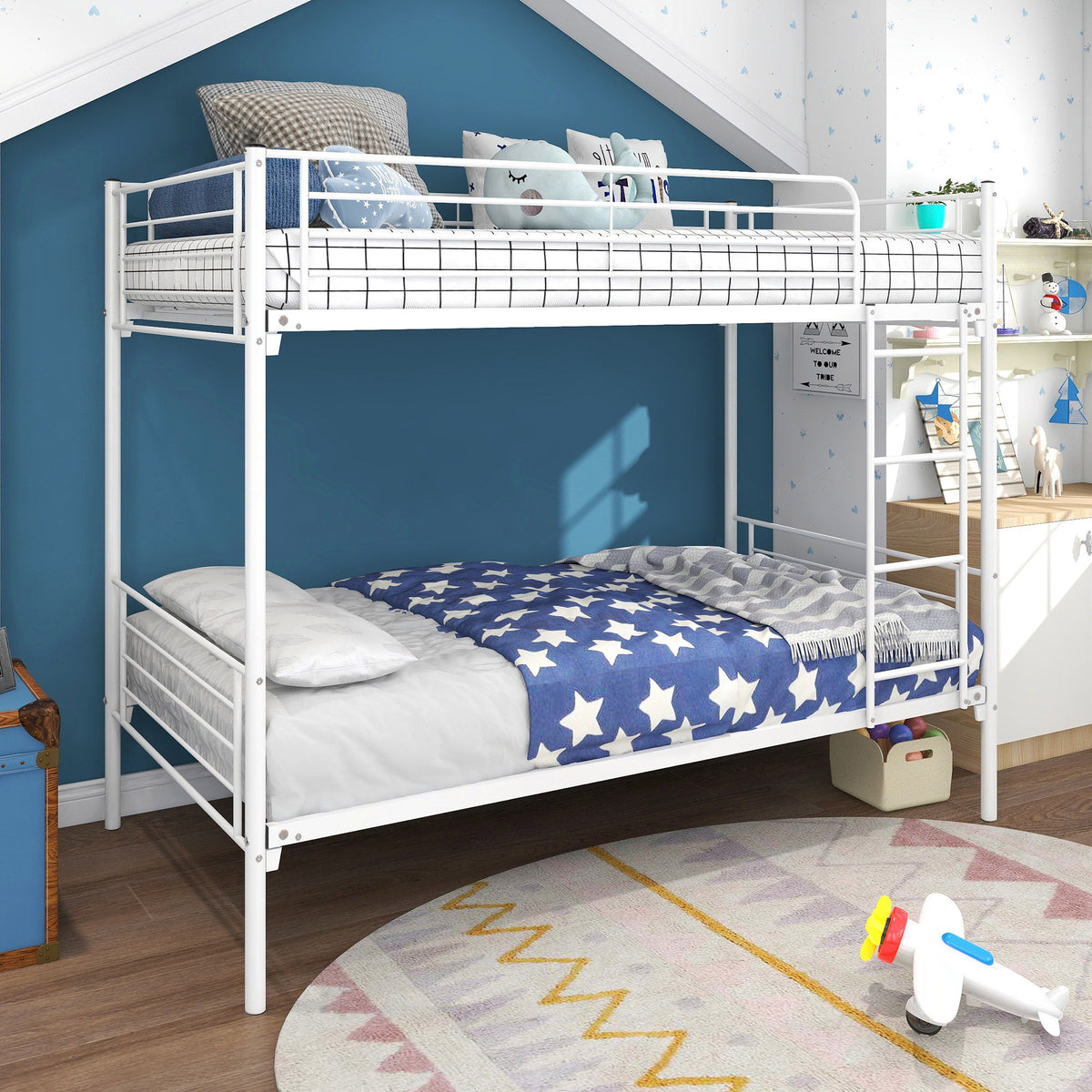 Twin over twin metal bunk bed white frame with blue wall and star bedding by HouseOfZazla on Tampa Home & Garden Store