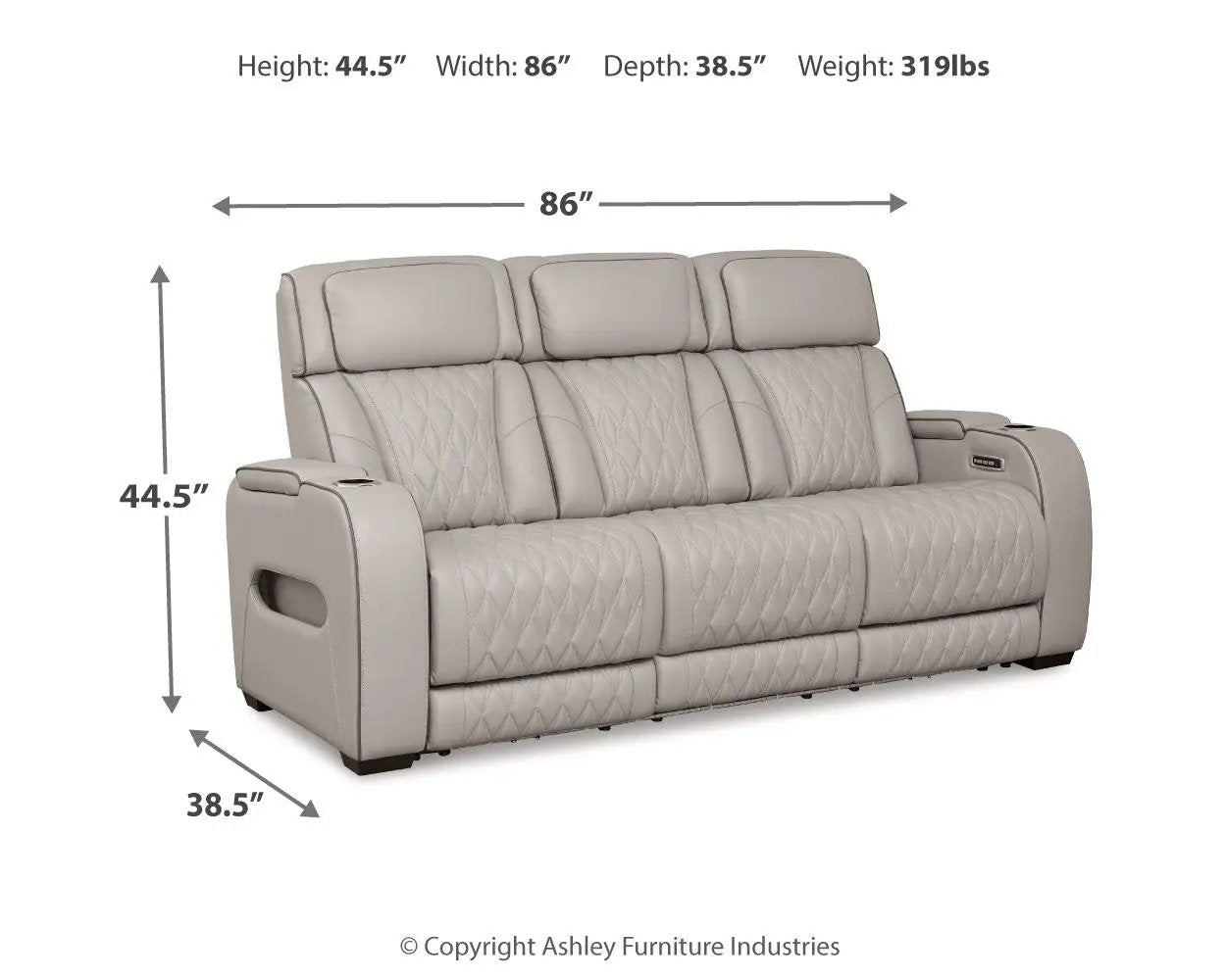 Boyington power reclining sofa with adjustable headrests, light gray leather, diamond-stitched upholstery on Tampa Home & Garden Store