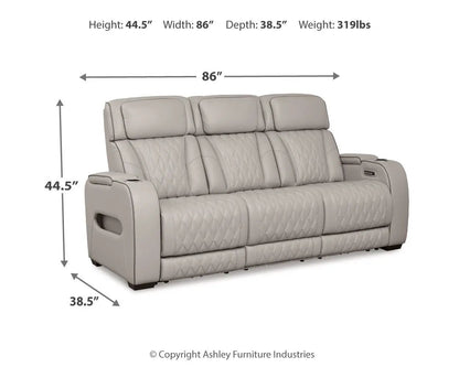 Boyington power reclining sofa with adjustable headrests, light gray leather, diamond-stitched upholstery on Tampa Home & Garden Store