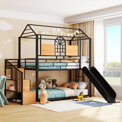 Metal House Bunk Bed With Slide and Storage
