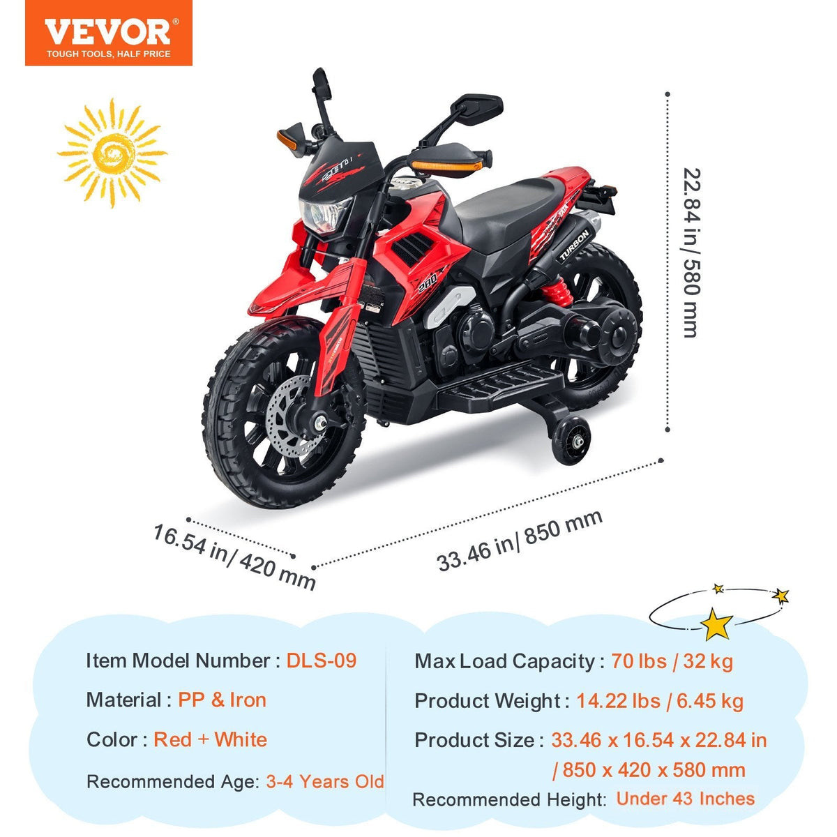 Kids' 12V electric ride-on motorcycle red and white with LED lights and training wheels on Tampa Home & Garden Store