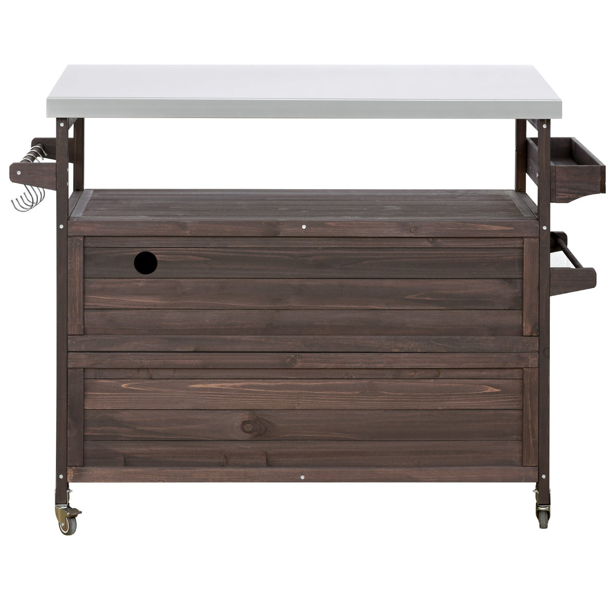 K&K Outdoor Kitchen Island rolling bar cart with storage dark wood base stainless steel top on Tampa Home & Garden Store