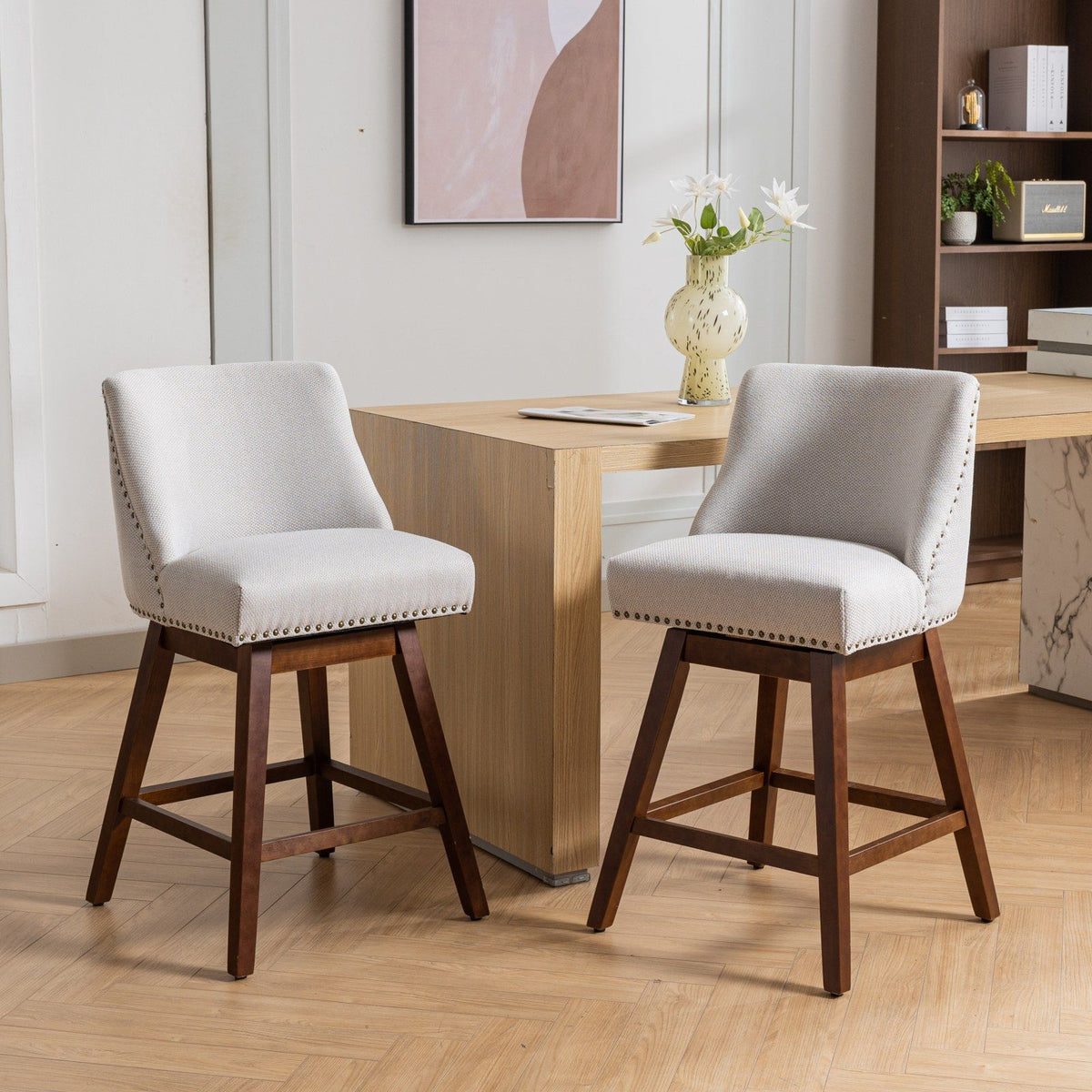 Counter height swivel barstools set of 2; light gray upholstered seats, dark wood legs on Tampa Home & Garden Store
