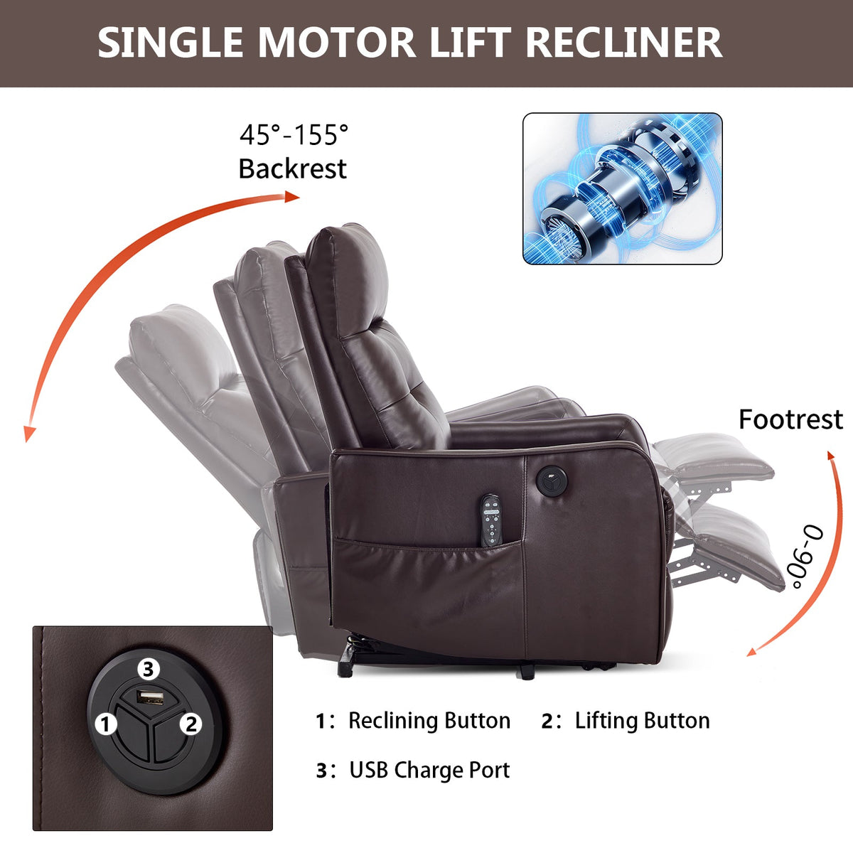 HouseOfZazla brown PU single motor lift recliner with massage and heat USB port on Tampa Home & Garden Store